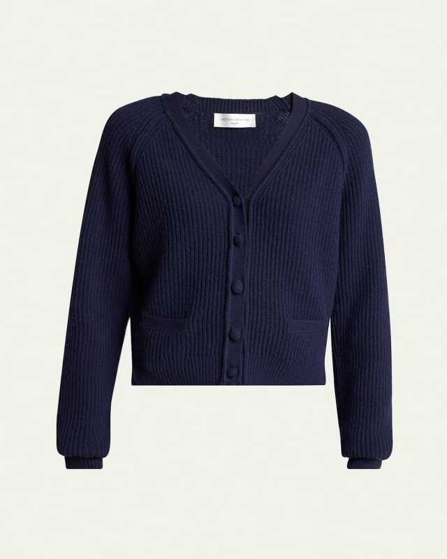 Stepped Hem V-Neck Cashmere Wool Cardigan